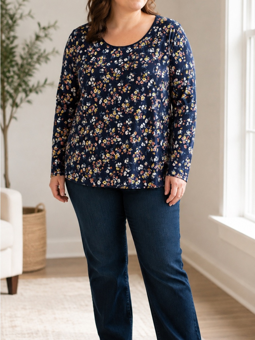 Lands' End Navy Floral Long-Sleeve Scoop Neck Top Size XL/P